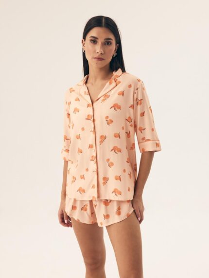 Pižama Henderson Ladies 42686 Naranja trumpomis rankovėmis S-2XL sagstoma